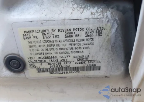 2005 Nissan Sentra 1.8S z USA, uszkodzony, nr VIN 3N1CB51D85L576177